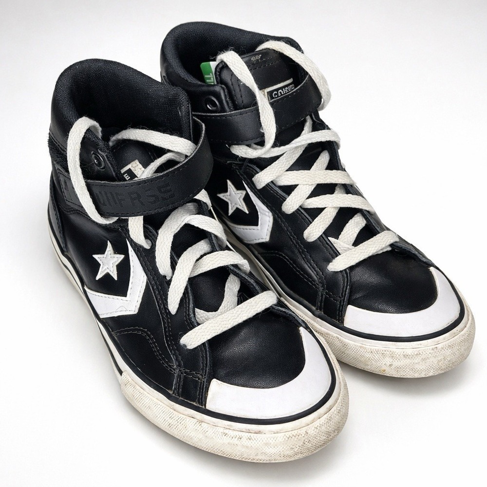 Converse Pro Blazer Youth 6.5 Black Leather High Top Sneakers Boys Girls Shoes - Picture 2 of 6